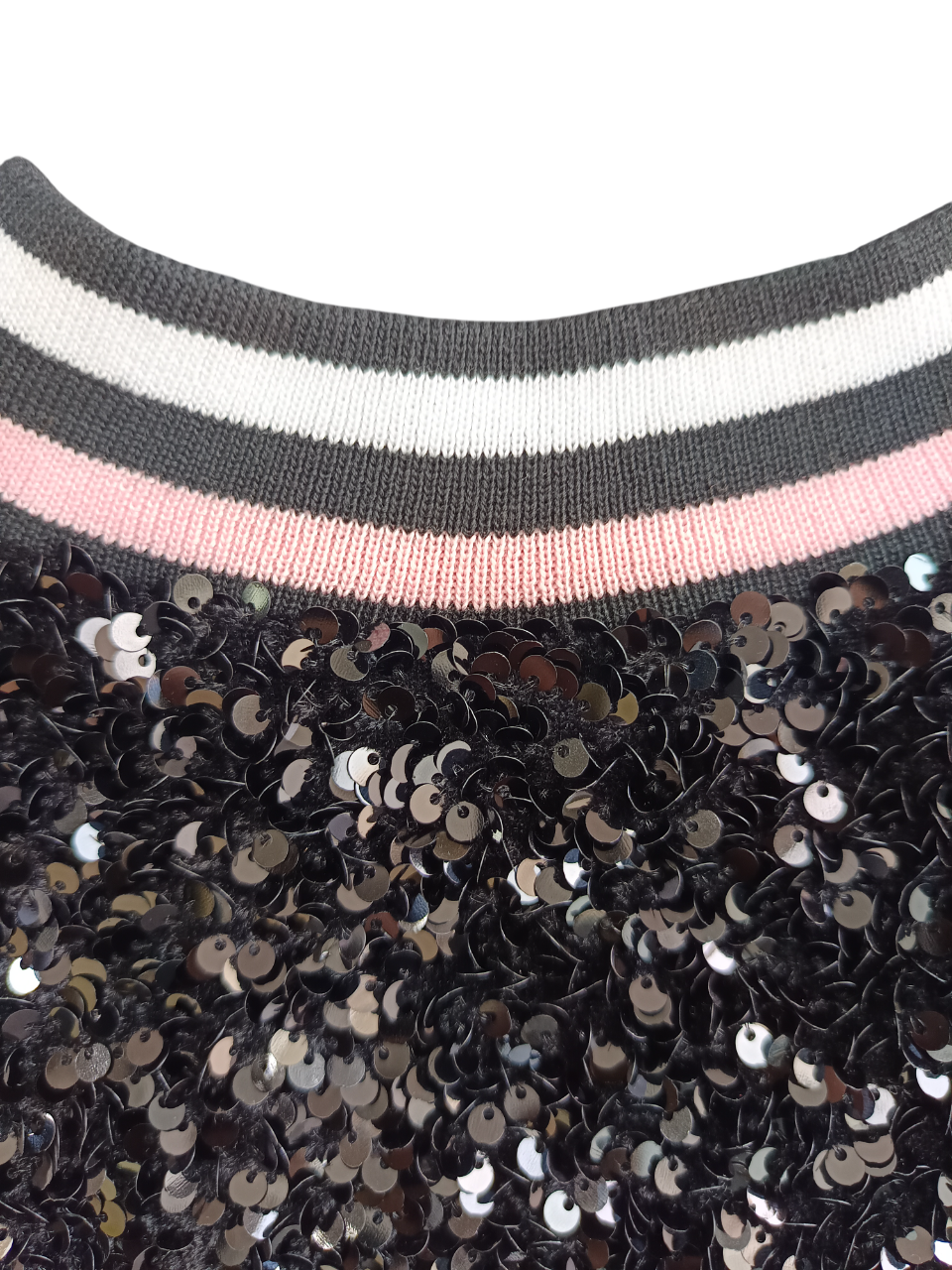 MARC ELLIS TOP - SEQUINED VEST WITH POINTED COLLAR IN STRIPED KNIT RIB