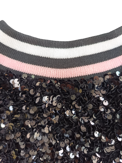 MARC ELLIS TOP - SEQUINED VEST WITH POINTED COLLAR IN STRIPED KNIT RIB