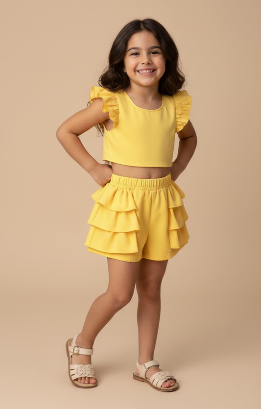 SWEET BABY SET OF SOLID-COLORED SHORTS WITH RUFFLES &  BLOUSE WITH TIES