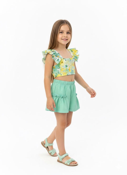 SWEET BABY SET OF SOLID-COLORED SHORTS AND PRINTED TOP