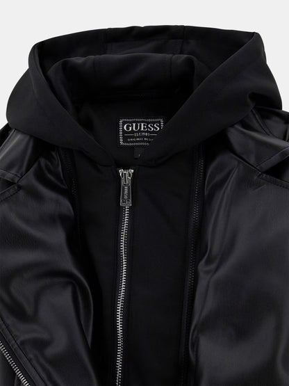 GUESS KIDS HOODED PU LEATHER JACKET