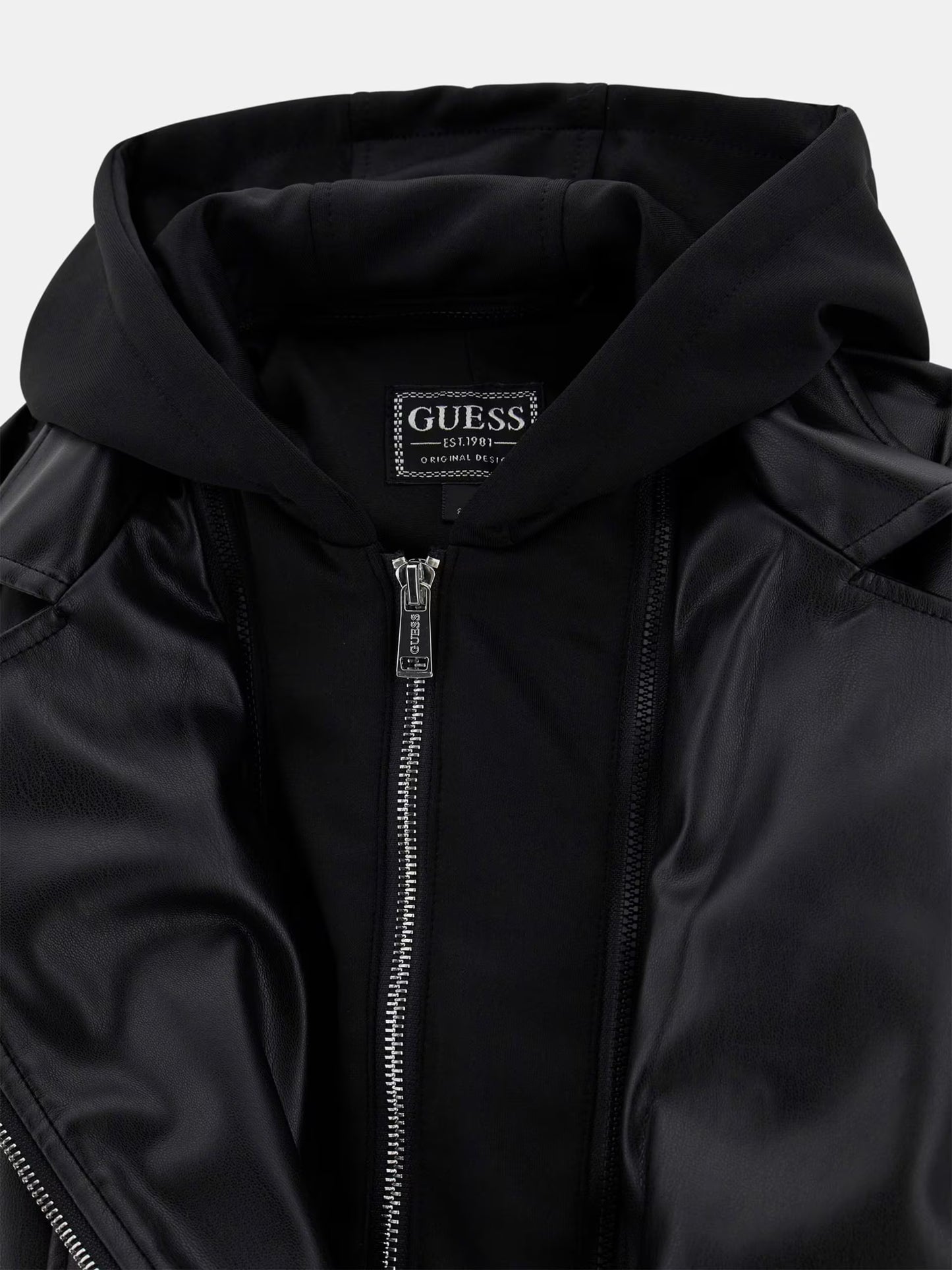 GUESS KIDS PU LEATHER HOODED JACKET