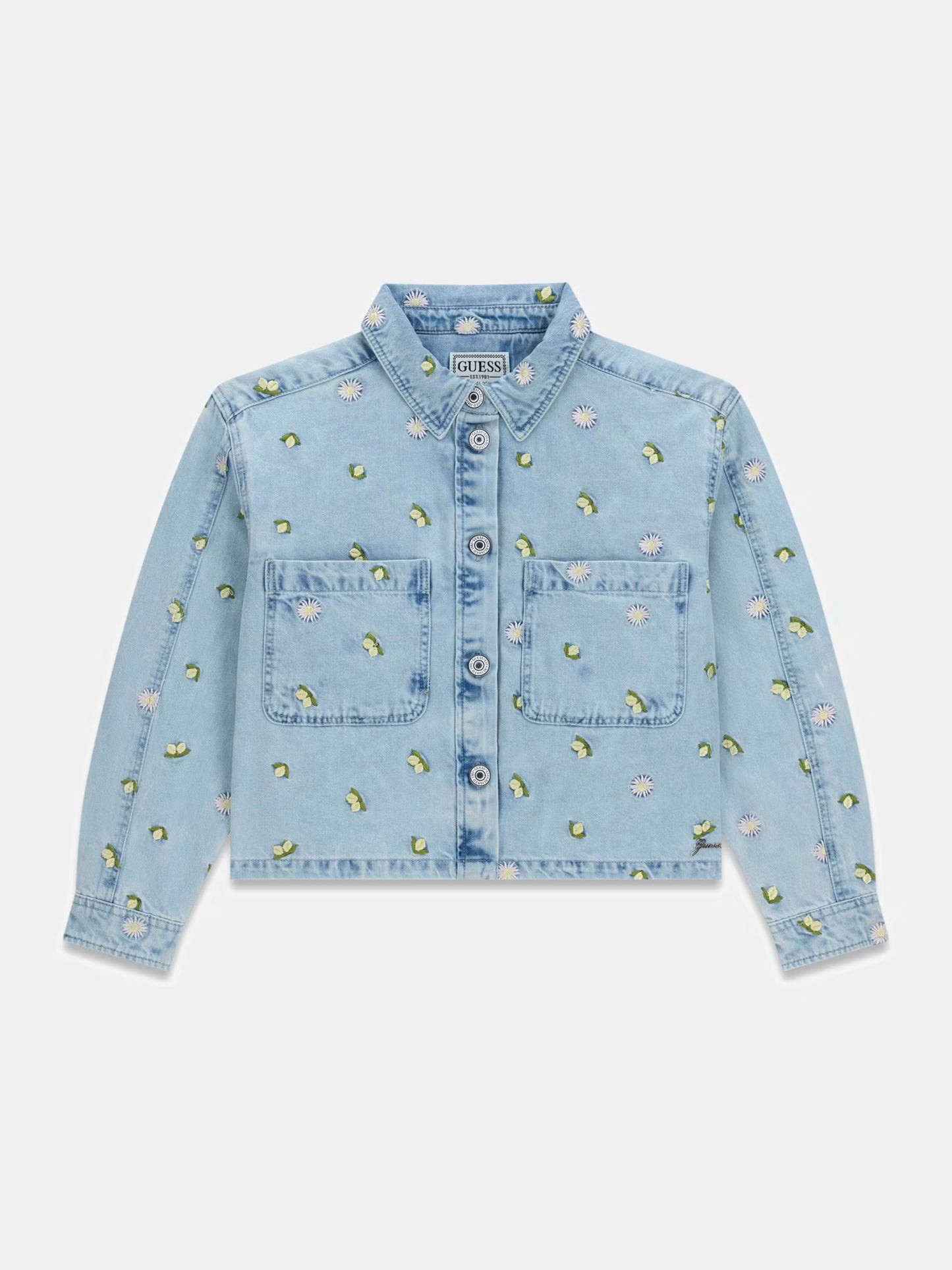 GUESS KIDS ALLOVER EMBROIDERED DENIM JACKET