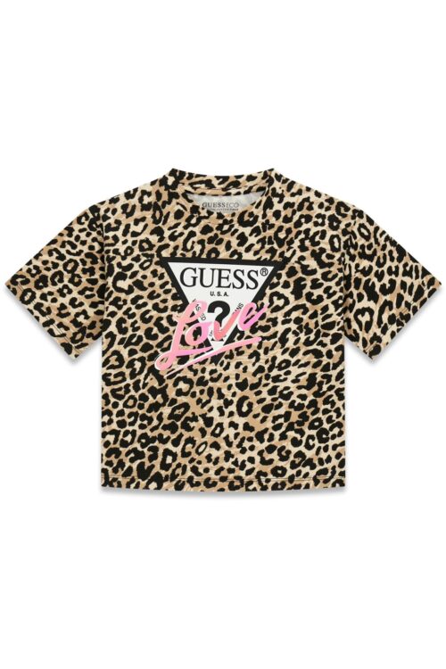 GUESS KIDS LEOPARD LOVE TRIANGLE LOGO MIDI T SHIRT