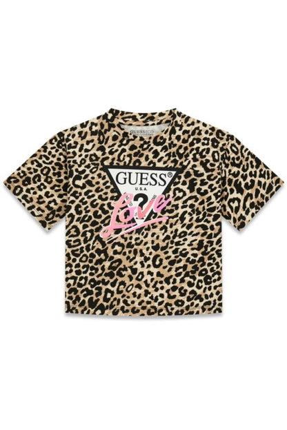 GUESS KIDS LEOPARD LOVE TRIANGLE LOGO MIDI T SHIRT