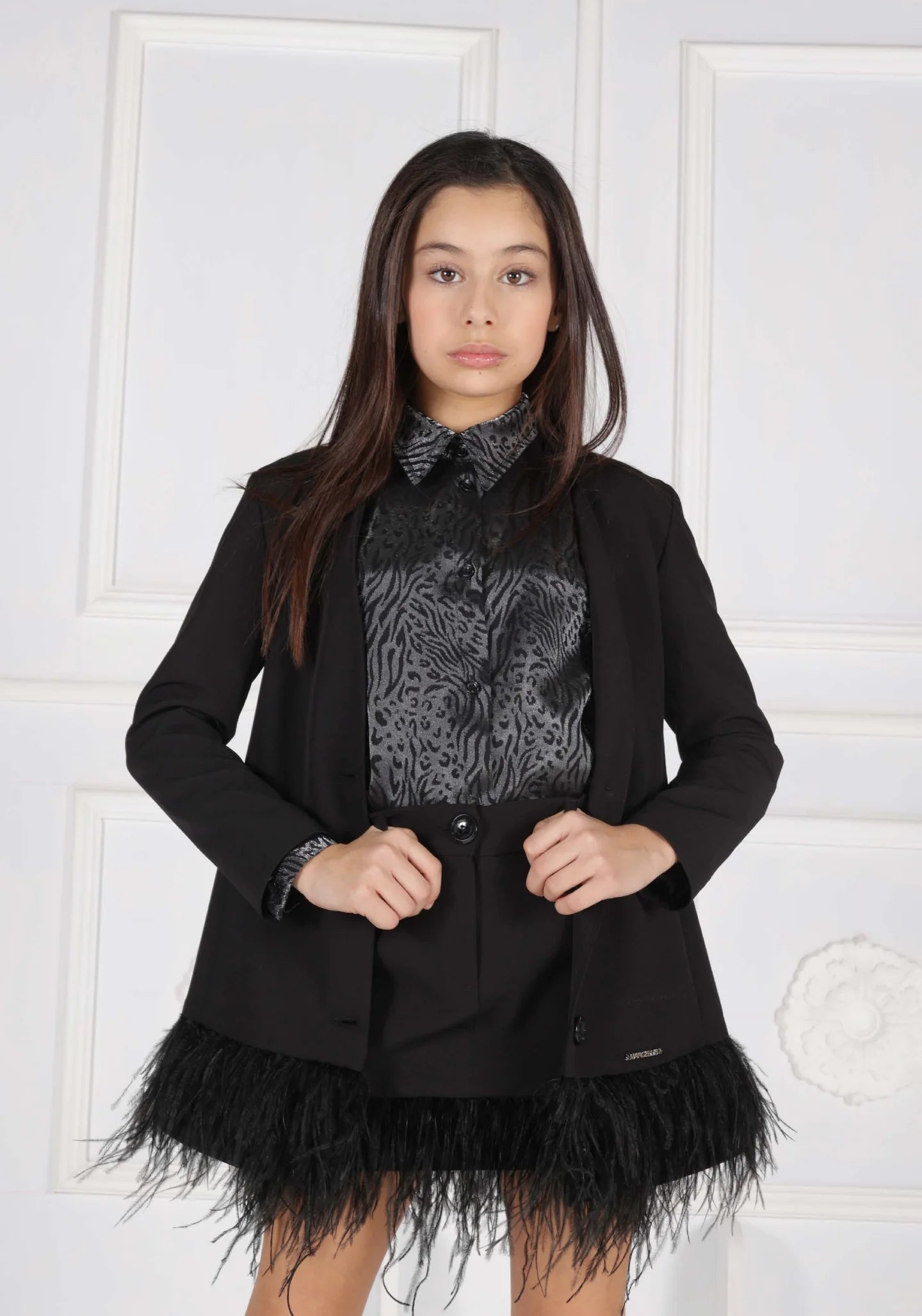 MARC ELLIS DOUBLE-BREASTED JACKET SUIT IN TECHNICAL FABRIC WITH FABRIC BUTTONS AND FEATHER AT THE BOTTOM