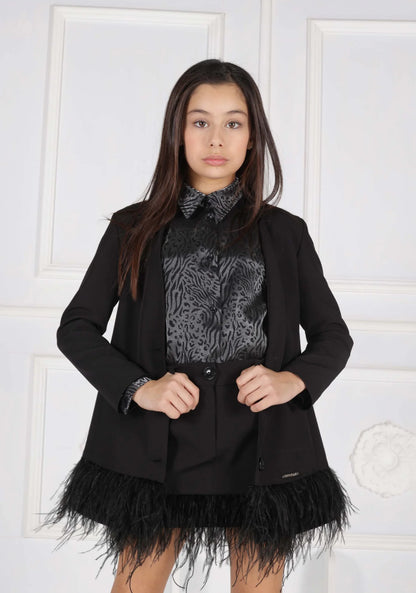 MARC ELLIS DOUBLE-BREASTED JACKET SUIT IN TECHNICAL FABRIC WITH FABRIC BUTTONS AND FEATHER AT THE BOTTOM