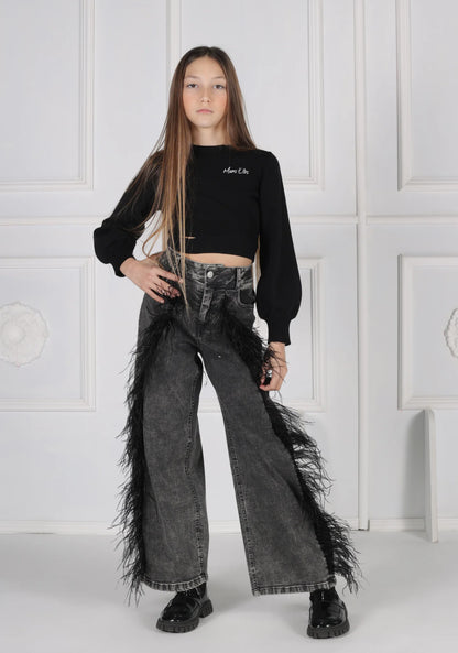 MARC ELLIS CROPPED CREW NECK WOOL SWEATER WITH SIDE OPENING AND LOGO EMBROIDERY