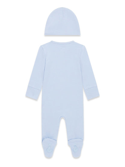 GUESS KIDS ROMPER WITH BEAR LOGO EMBROIDERY & HAT