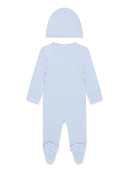 GUESS KIDS ROMPER WITH BEAR LOGO EMBROIDERY & HAT