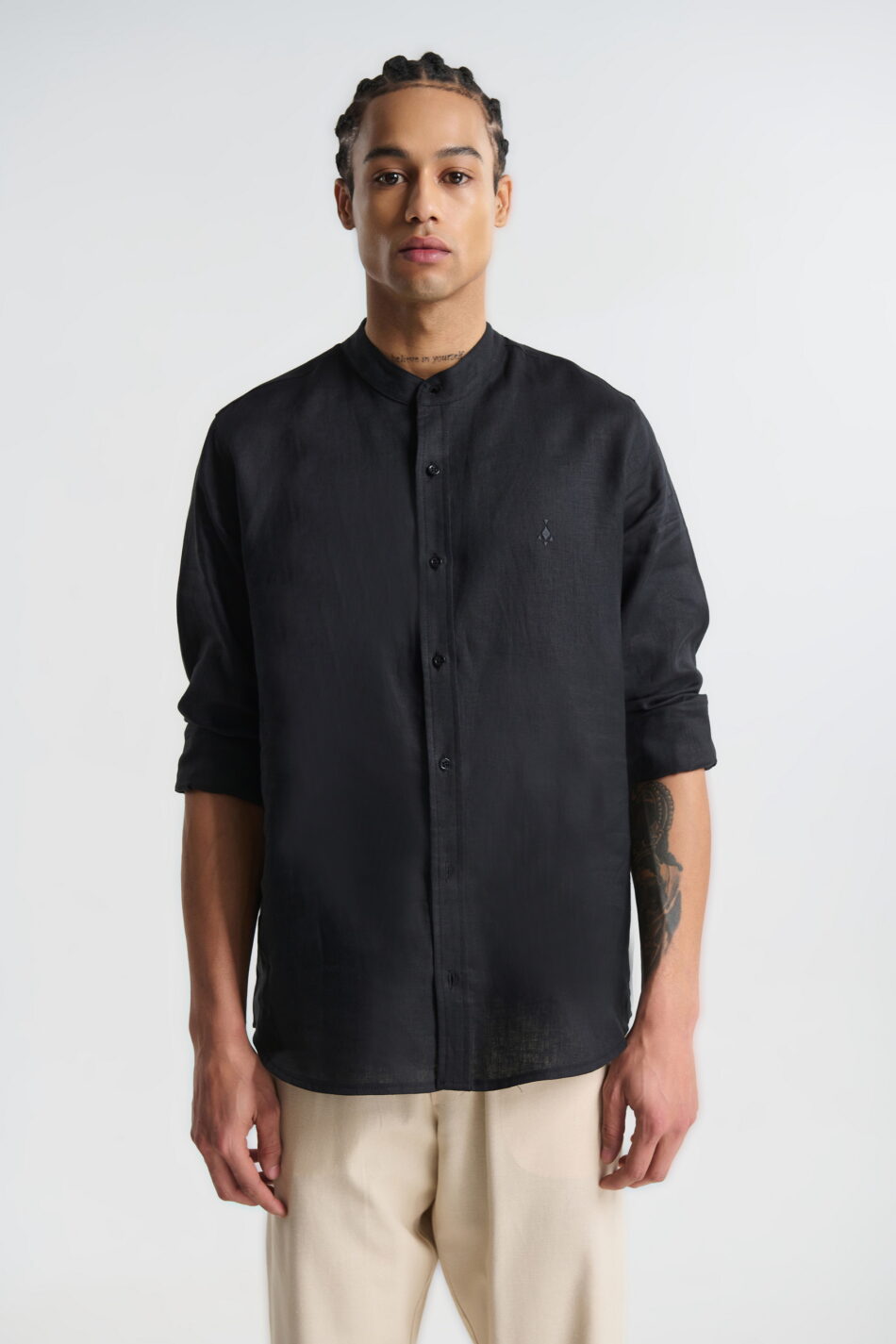 P/COC LINEN SHIRT WITH MAO COLLAR AND CHEST EMBROIDERY