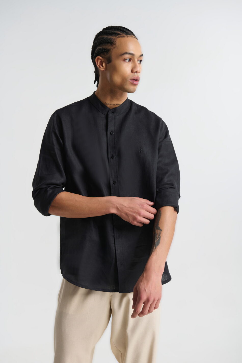 P/COC LINEN SHIRT WITH MAO COLLAR AND CHEST EMBROIDERY