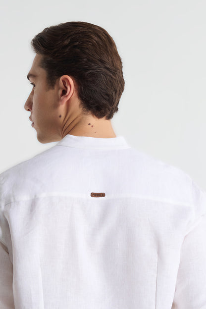 P/COC LINEN SHIRT WITH MAO COLLAR AND CHEST EMBROIDERY