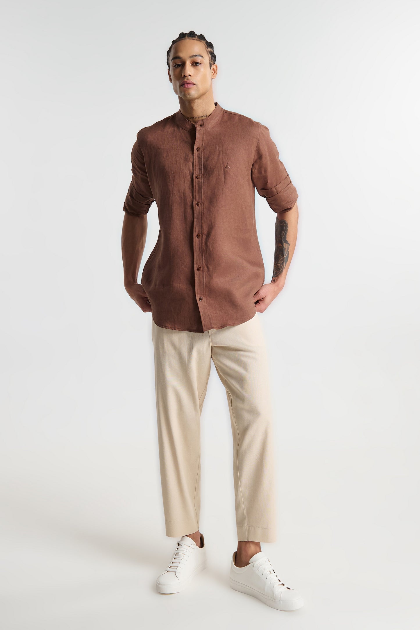 P/COC LINEN SHIRT WITH MAO COLLAR AND CHEST EMBROIDERY