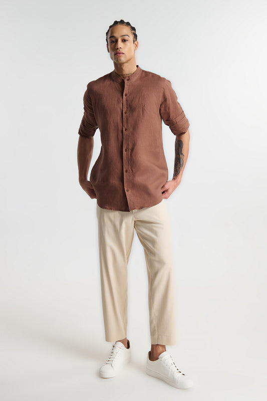 P/COC LINEN SHIRT WITH MAO COLLAR AND CHEST EMBROIDERY