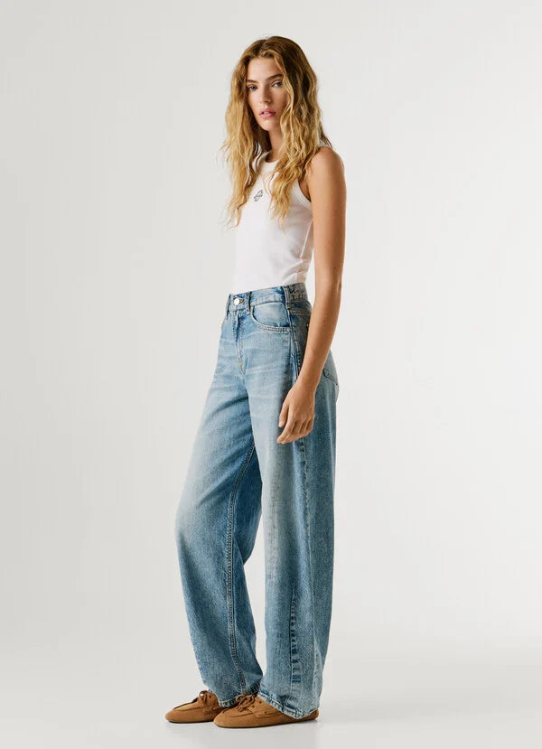 PEPE JEANS WOMAN LOOSE BOW SHAPED HW MID BLUE DENIM PANTS