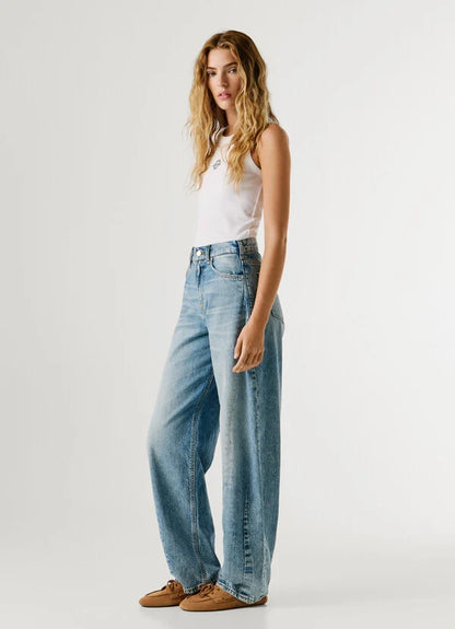 PEPE JEANS WOMAN LOOSE BOW SHAPED HW MID BLUE DENIM PANTS