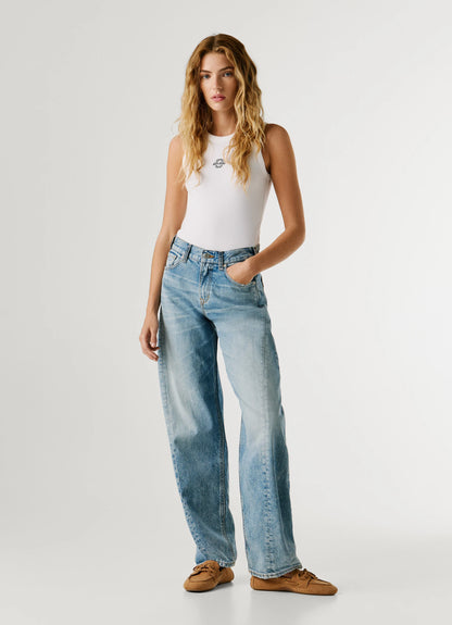 PEPE JEANS WOMAN LOOSE BOW SHAPED HW MID BLUE DENIM PANTS