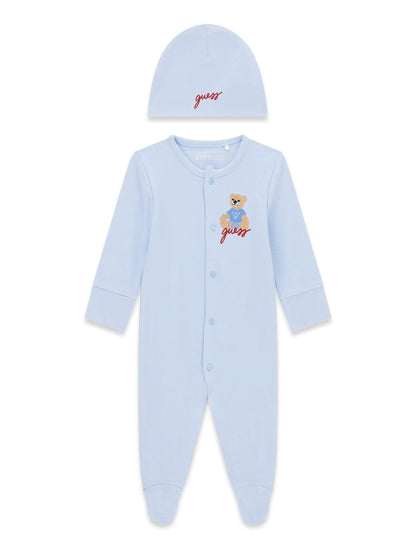GUESS KIDS ROMPER WITH BEAR LOGO EMBROIDERY & HAT