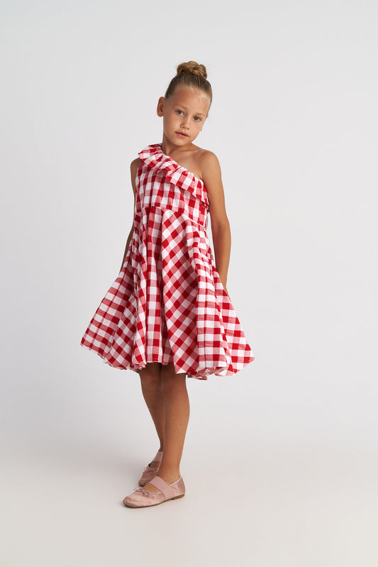 TWO IN A CASTLE MAY PICNIC VICHY ONE SHOULDER RUFFLE DRESS