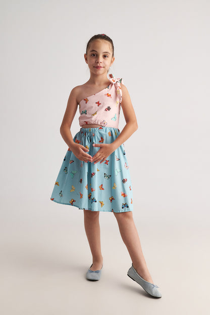TC BUTTERFLY SKY ONE SHOULDER BICOLOUR DRESS