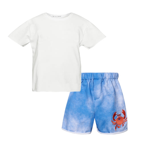 TWO IN A CASTLE SEA WHISPER T-SHIRT AND CRAB TIE DYE SHORTS BABY SET
