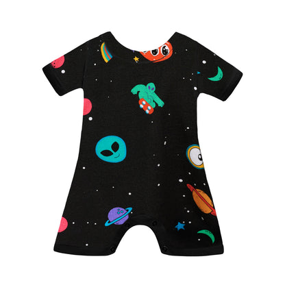 TWO IN A CASTLE OUT OF SPACE ALLOVER PRINT BABY PLAYSUIT