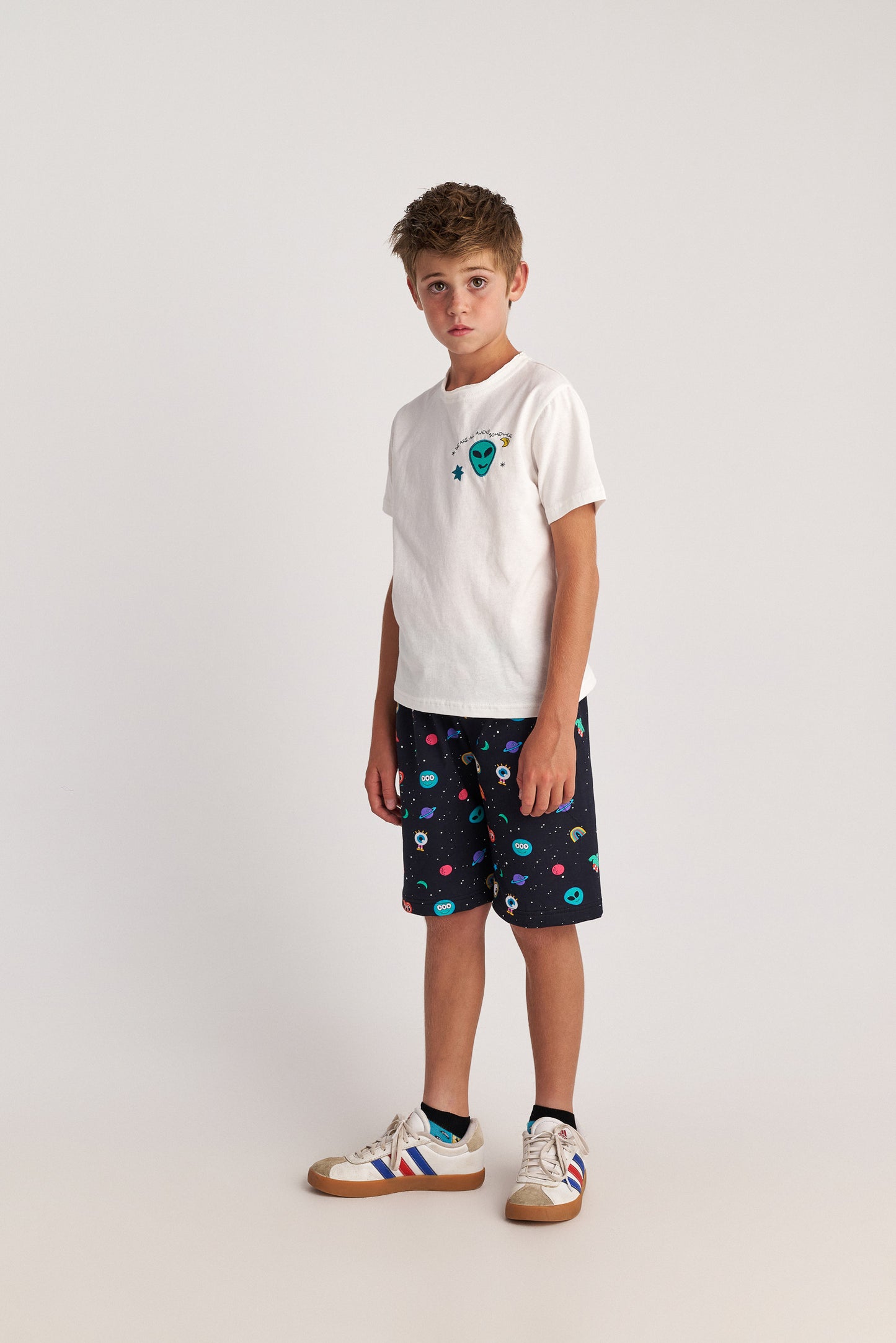 TWO IN A CASTLE OUT OF SPACE TOP AND ALLOVER PRINT SHORTS SET