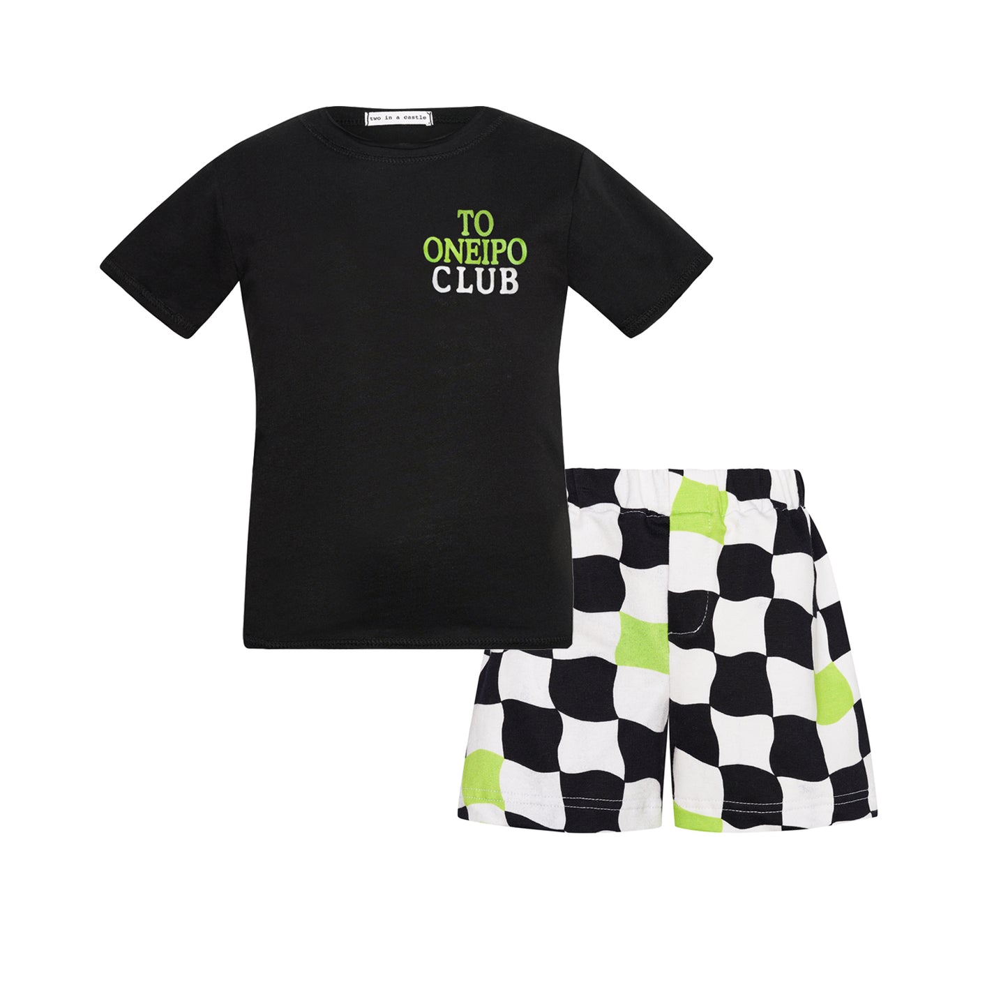 TWO IN A CASTLE CHESS T-SHIRT AND ALLOVER PRINT SHORTS  SET