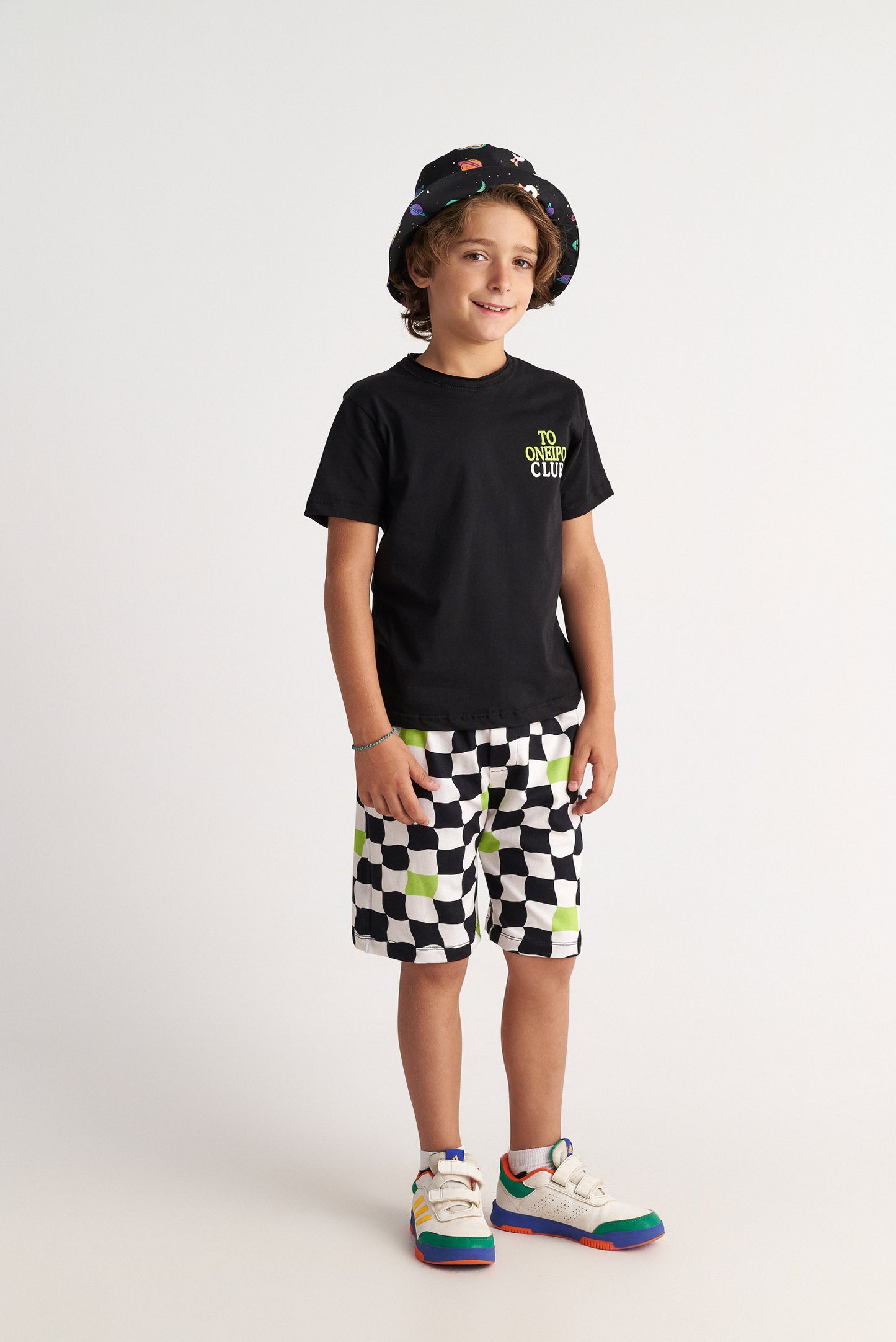 TWO IN A CASTLE CHESS T-SHIRT AND ALLOVER PRINT SHORTS SET