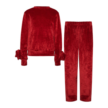TWO IN A CASTLE CRIMSON VELVET SET FLOWER TOP & PANTS