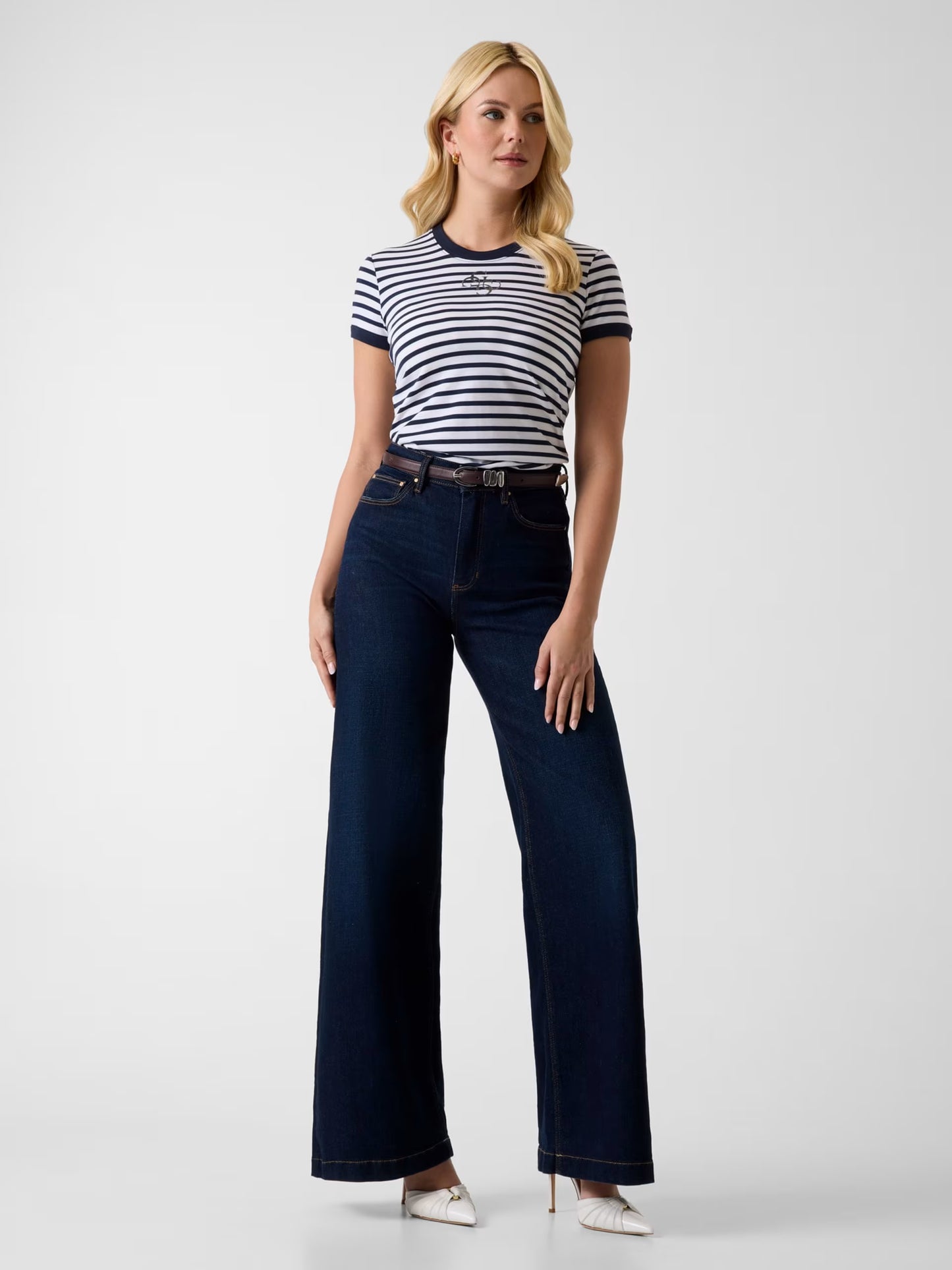 GUESS WOMAN STRIPED MINI 4G LOGO T SHIRT