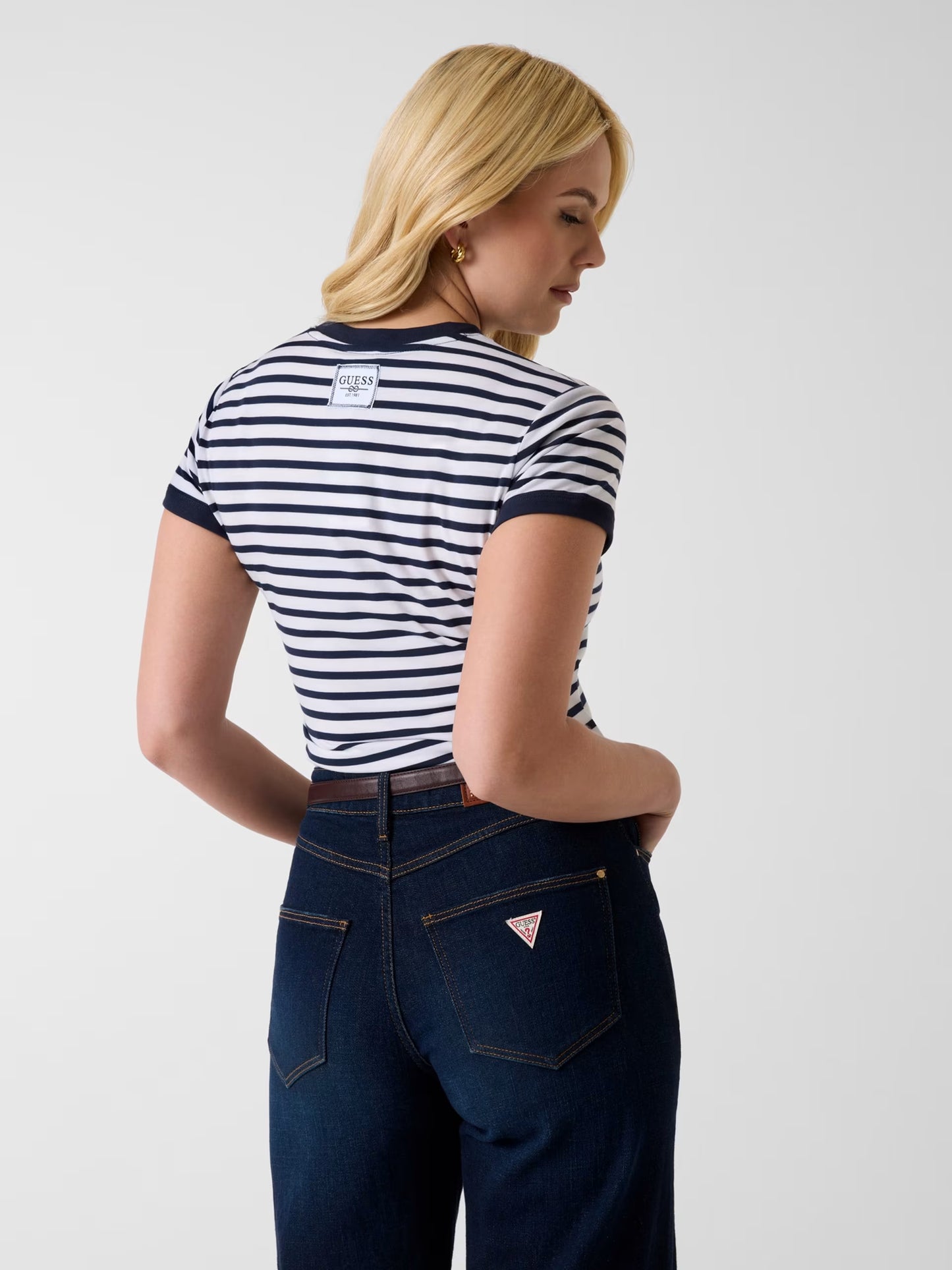 GUESS WOMAN STRIPED MINI 4G LOGO T SHIRT
