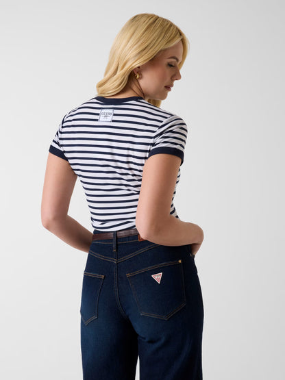 GUESS WOMAN STRIPED MINI 4G LOGO T SHIRT