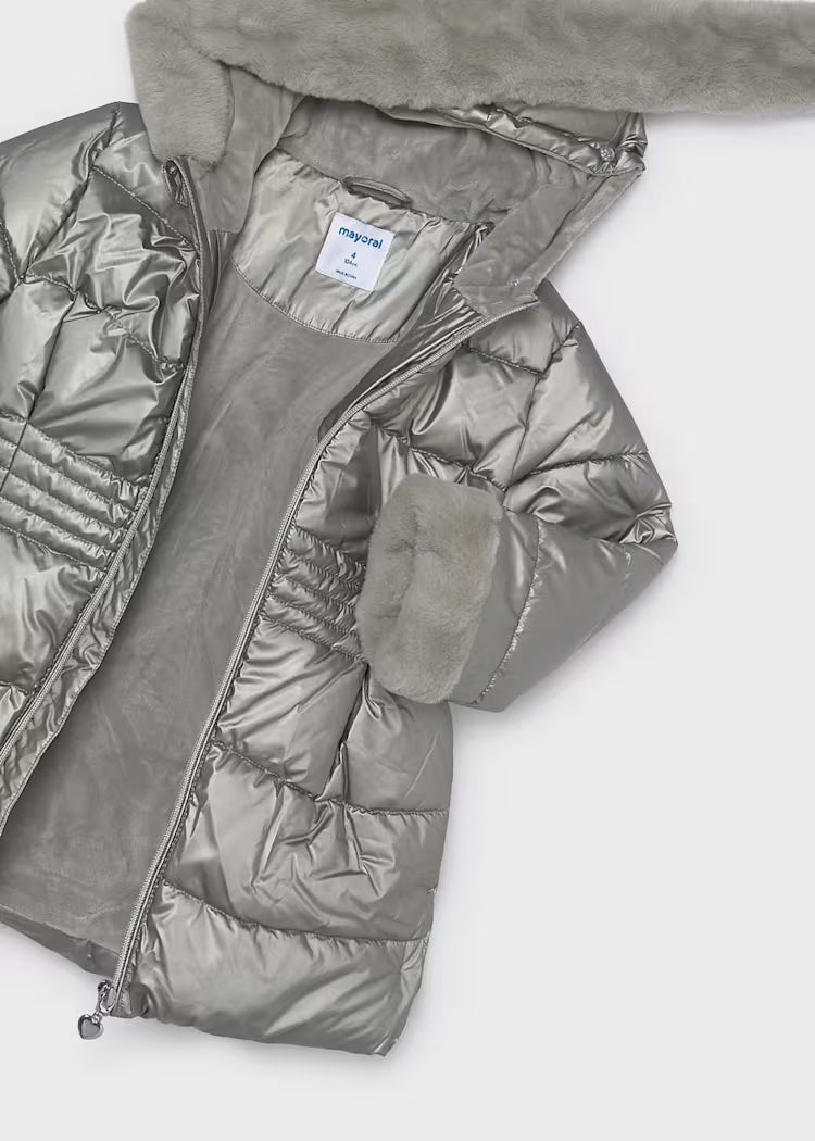 MAYORAL GIRLS METTALLIC FUR-HOODED PUFFER JACKET