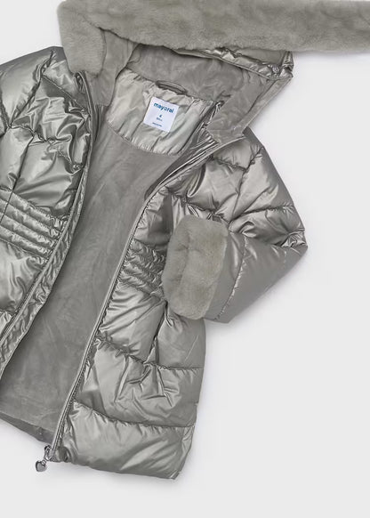MAYORAL GIRLS METTALLIC FUR-HOODED PUFFER JACKET