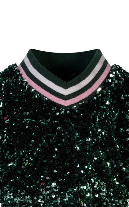 TOP - SEQUINED VEST WITH POINTED COLLAR IN STRIPED KNIT RIB