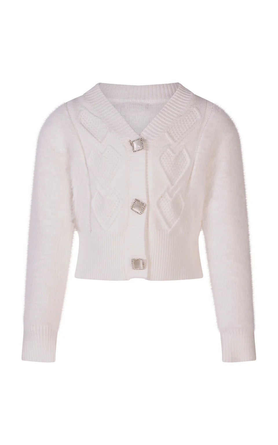 FUN FUN FUR-EFFECT WOOL CARDIGAN WITH JEWEL BUTTONS AND HEART DETAIL