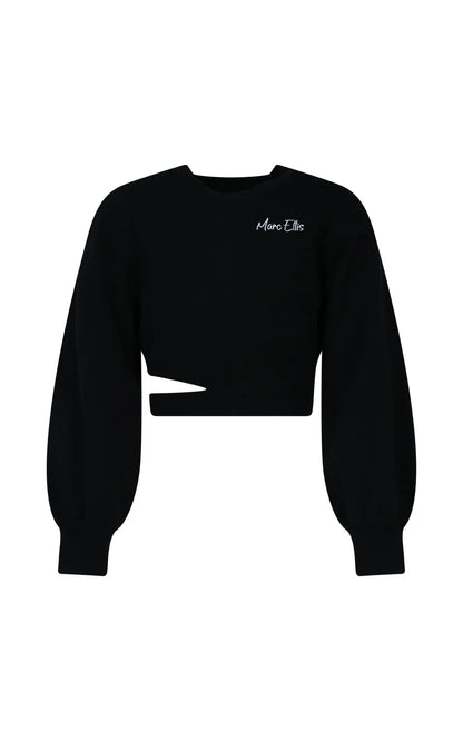 MARC ELLIS CROPPED CREW NECK WOOL SWEATER WITH SIDE OPENING AND LOGO EMBROIDERY