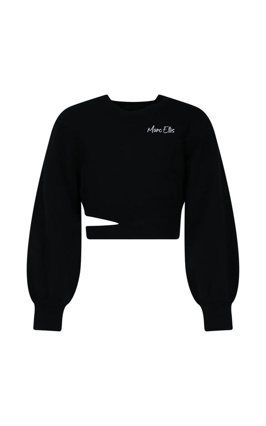 MARC ELLIS CROPPED CREW NECK WOOL SWEATER WITH SIDE OPENING AND LOGO EMBROIDERY