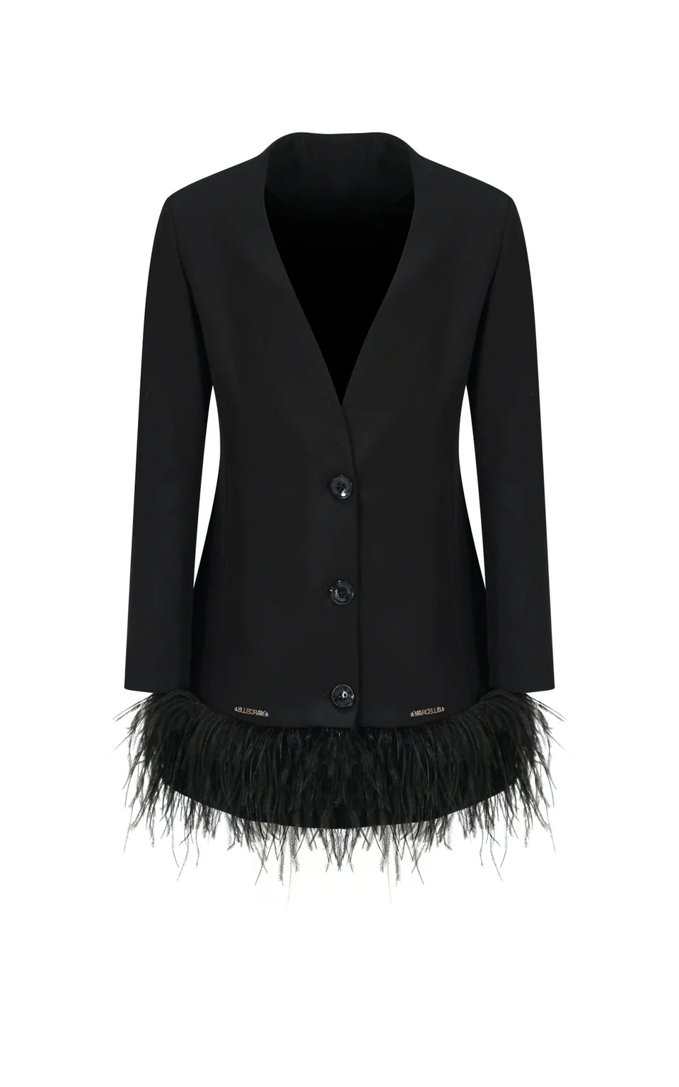 MARC ELLIS DOUBLE-BREASTED JACKET SUIT IN TECHNICAL FABRIC WITH FABRIC BUTTONS AND FEATHER AT THE BOTTOM