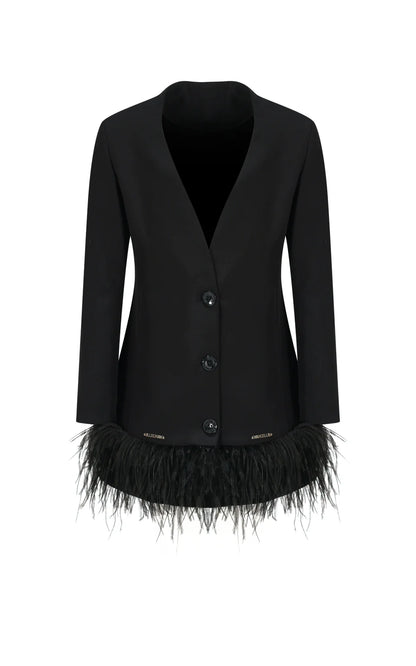 MARC ELLIS DOUBLE-BREASTED JACKET SUIT IN TECHNICAL FABRIC WITH FABRIC BUTTONS AND FEATHER AT THE BOTTOM