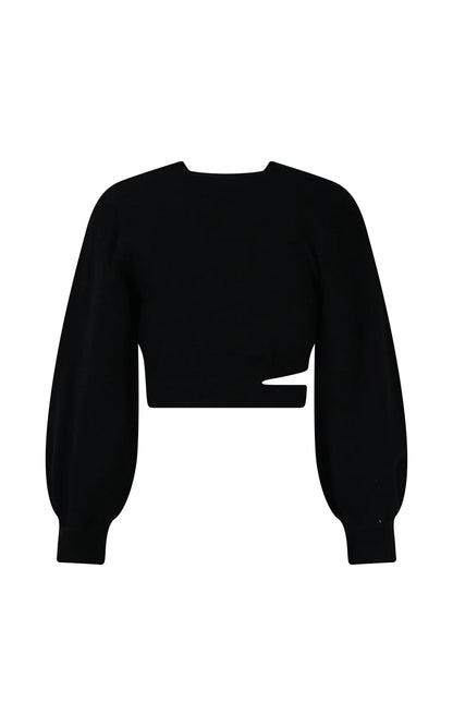 MARC ELLIS CROPPED CREW NECK WOOL SWEATER WITH SIDE OPENING AND LOGO EMBROIDERY