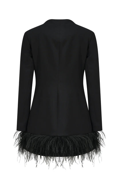 MARC ELLIS DOUBLE-BREASTED JACKET SUIT IN TECHNICAL FABRIC WITH FABRIC BUTTONS AND FEATHER AT THE BOTTOM