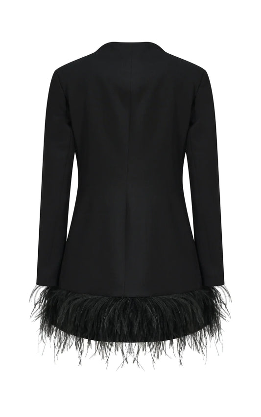 MARC ELLIS DOUBLE-BREASTED JACKET SUIT IN TECHNICAL FABRIC WITH FABRIC BUTTONS AND FEATHER AT THE BOTTOM