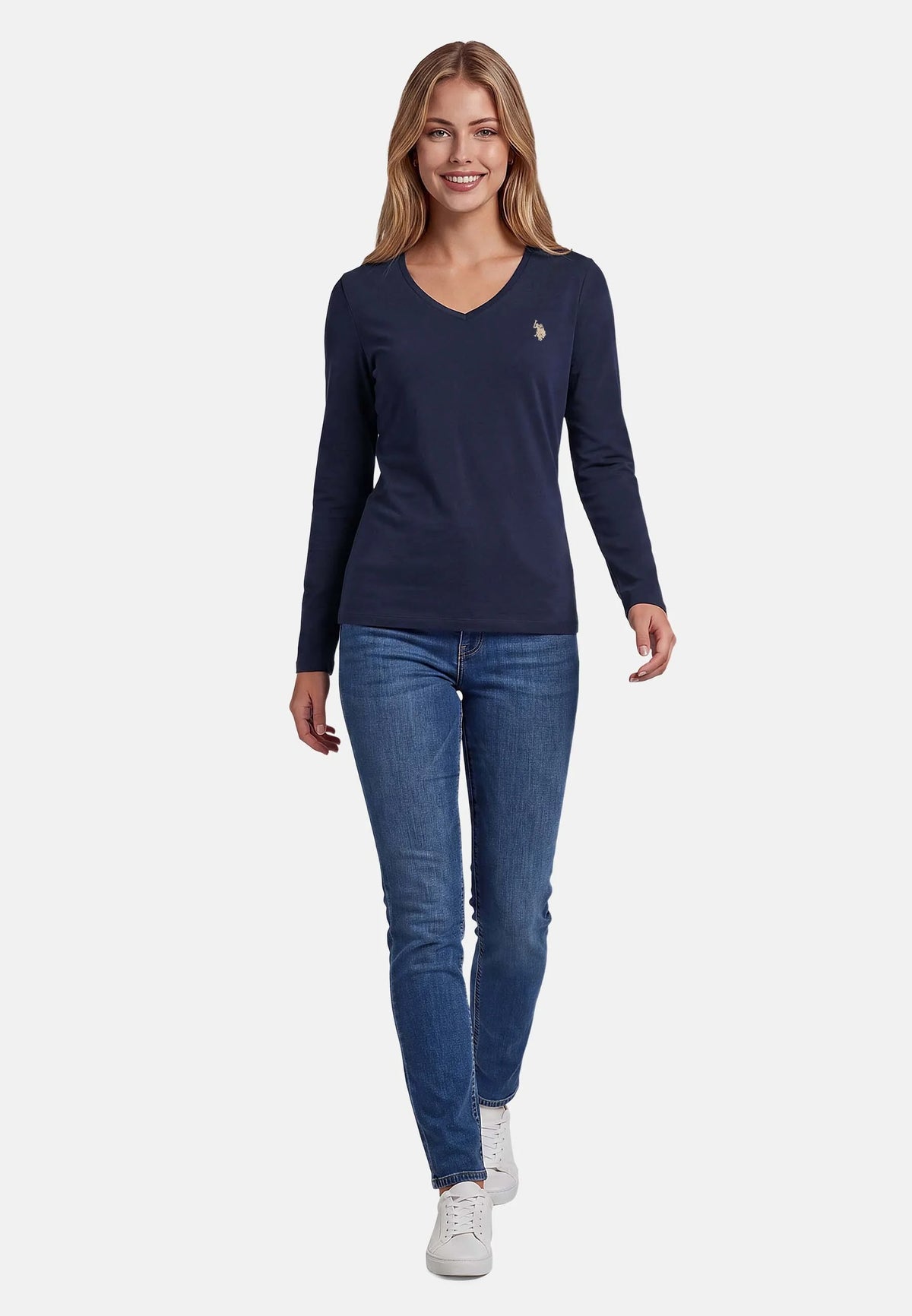 U.S POLO ASSN WOMAN LONG-SLEEVED COTTON V-NECK T-SHIRT