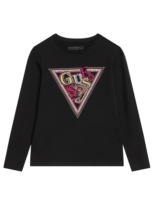 GUESS KIDS TRIANGLE SEQUINS LOGO LS T SHIRT