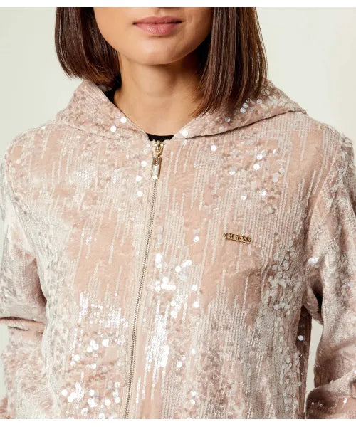 GUESS JEANS ALLOVER SEQUINS HOODED ZIP FOOTER