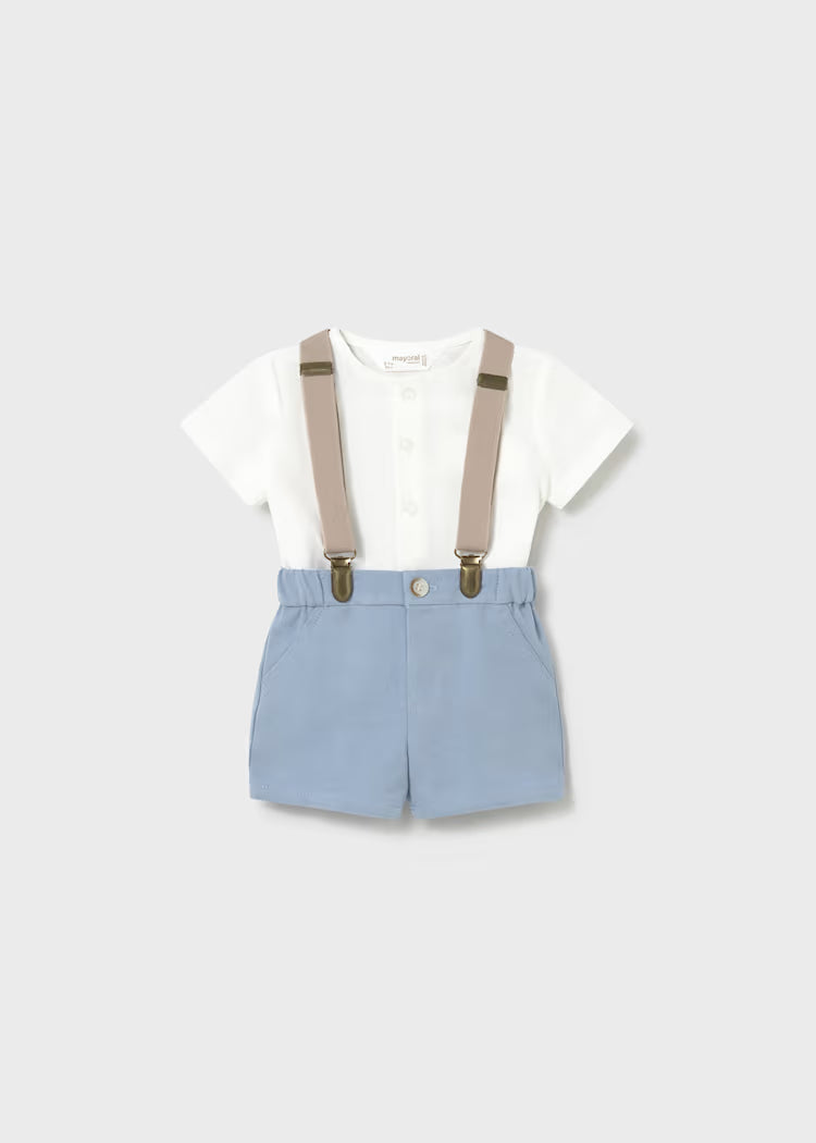 MAYORAL NEWBORN SET SHORTS WITH SUSPENDERS AND SHIRT
