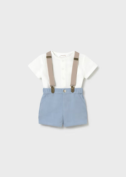 MAYORAL NEWBORN SET SHORTS WITH SUSPENDERS AND SHIRT